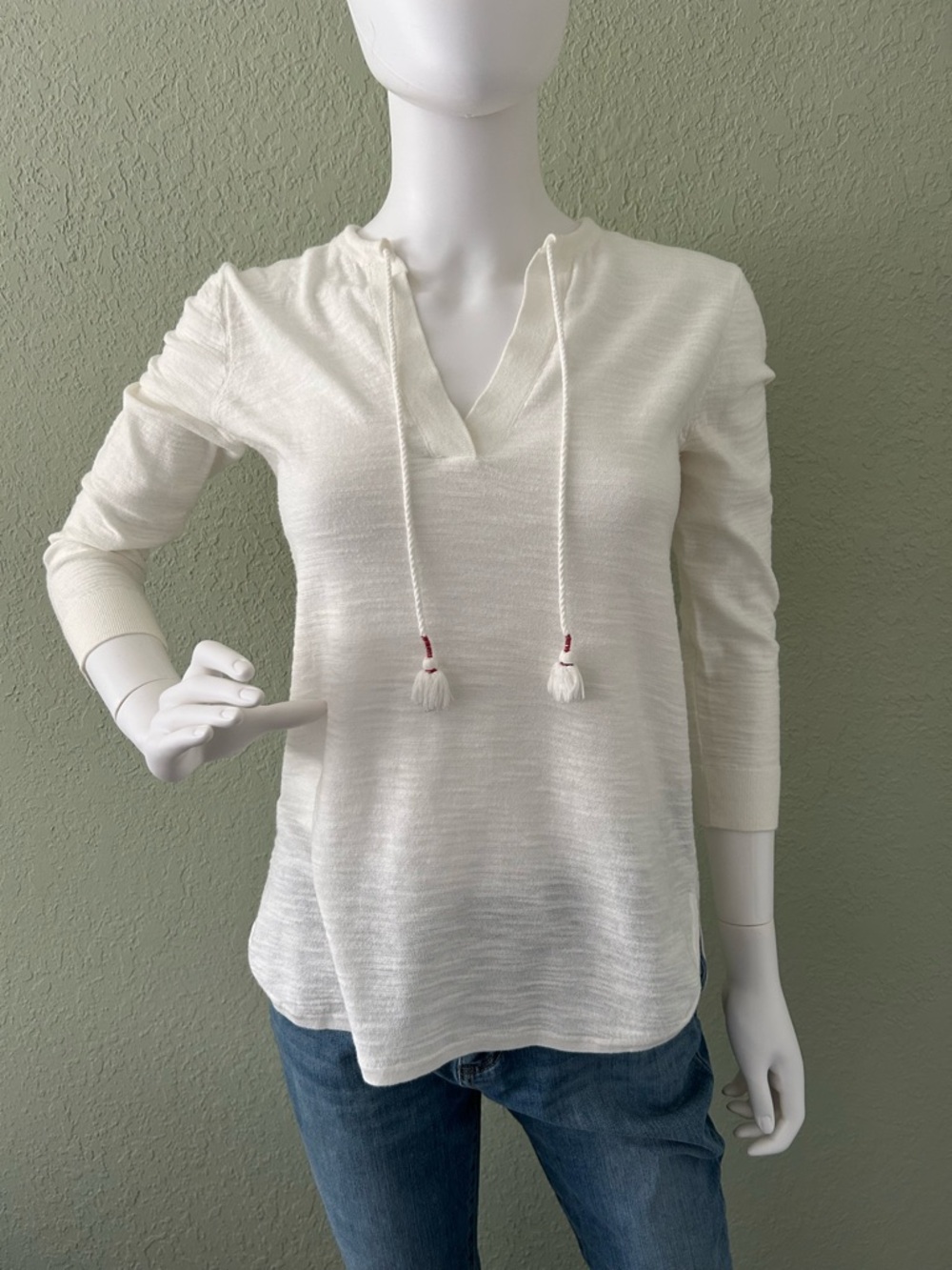 LOFT Cream Hooded Knit Top with Tassel Drawstrings